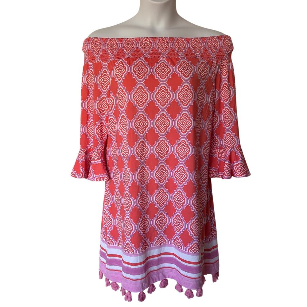 Cabana Life Coral Geo Coverluxe Smocked Dress Off the Shoulders UPF 50+ size XL